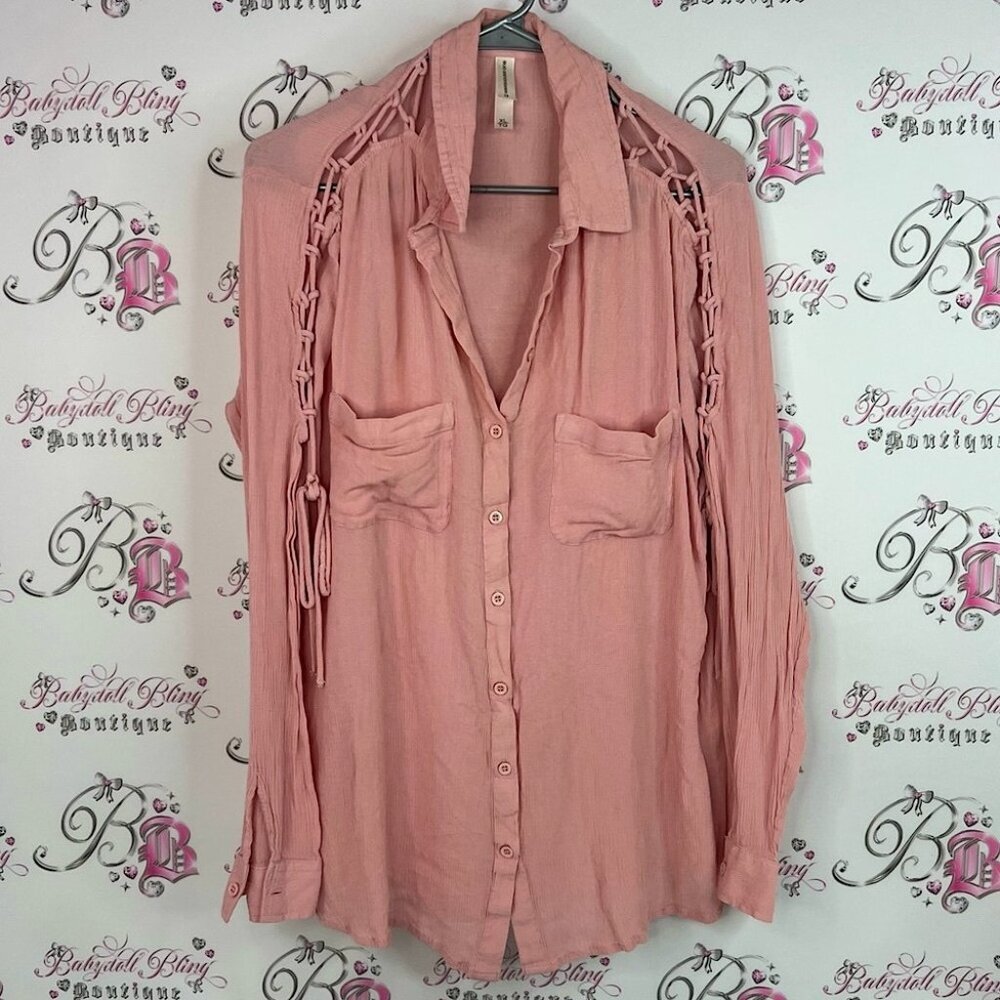 Warehouse one long sleeve corset Pink Button-Down Shirt with Sleeve Details